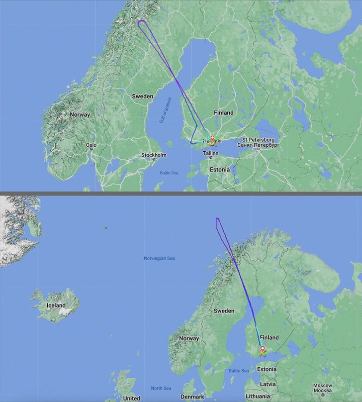 Nedan den andra flygningen som kom längre än det första försöket. På kartan ser rutten möjligen underlig ut på en platt karta, flygningen till Seattle går över norra Grönland.
