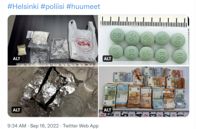 Så här har polisens beslag under förundersökningen sett ut. Speciellt är att oxikodontabletterna har rökts, vilket syns på foliepappret. Helsingforspolisen kom narkotikasmugglingen på spåren i samband med en husrannsakan som hade att göra med en utredning av rån. Bilden är från polisens Twitterkonto.