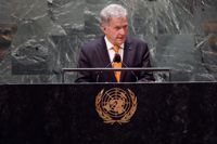 President Sauli Niinistö ser allvarligt på Putins retorik. Här talar han inför FN:s generalförsamling i New York på onsdagen.