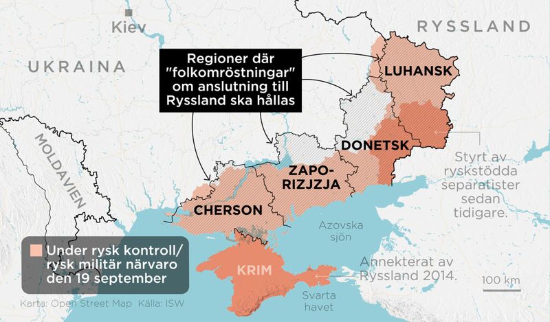 Kartan visar regionerna Luhansk, Donetsk, Zaporizjzja och Cherson i Ukraina där ockupationsmakten ska hålla ”folkomröstningar” inom kort.