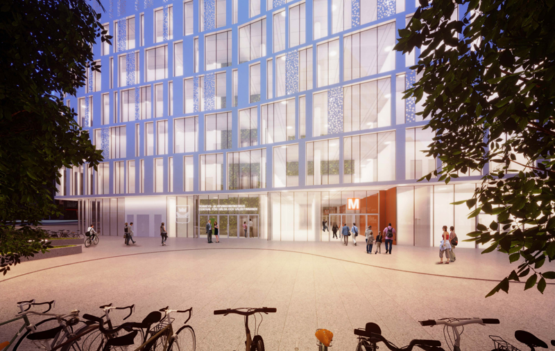 Den nuvarande biljetthallen för metrostationen rivs. Men i nybygget kommer det fortfarande att finnas en ingång till metron.