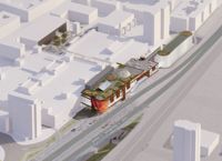 Köpcentret Sello i Alberga ska byggas ut över bussterminalen intill järnvägen. Illustrationen visar och det förnyade Sveaborgstorget (uppe) och nya parkeringsanläggningen intill banan.