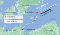 Kartan visar de tre läckorna på gasledningen Nord Stream och Nord Stream 2.