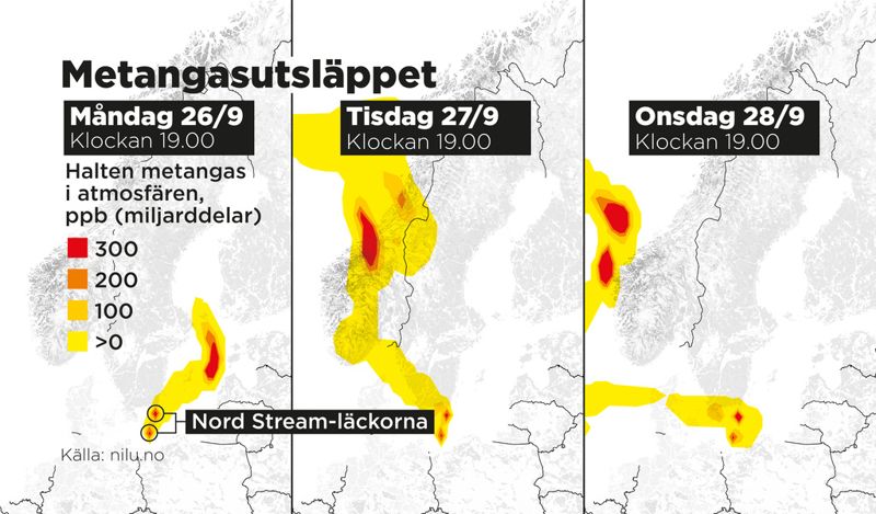Halten metangas i atmosfären från Nord Stream-läckorna 26–28 september.