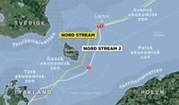Kartan visar de fyra läckorna på gasledningarna Nord Stream och Nord Stream 2 samt ekonomiska zoner och territorialvatten.