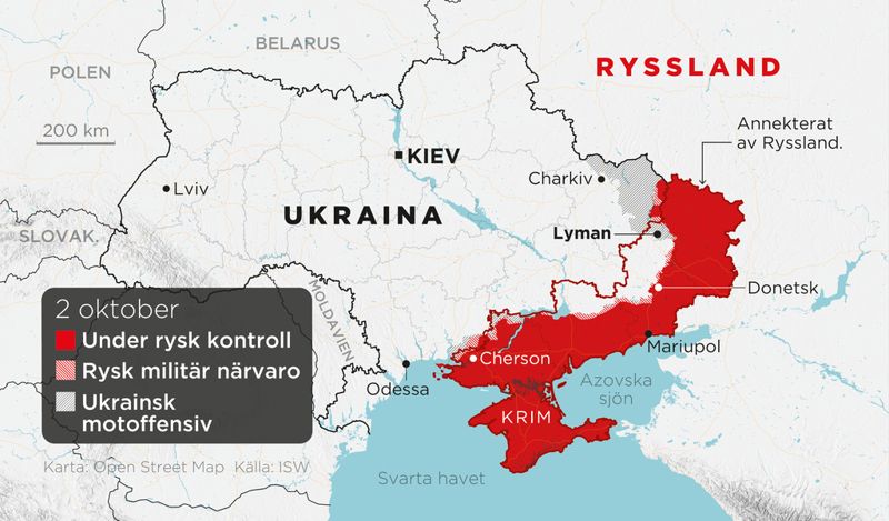 Områden under rysk kontroll, områden med rysk militär närvaro, ukrainska motoffensiver samt annekterade områden.