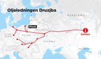 Kartan visar oljeledningen Druzjbas sträckning från Samara till västra Europa.
