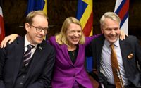 Utrikesministrarna Tobias Billström, Anniken Huitfeldt och Pekka Haavisto i Helsingfors på onsdagen.