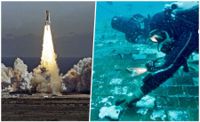 Så här såg det ut när Challenger lyfte från Cape Canaveral den 28 januari 1986. Drygt 70 sekunder efter uppskjutningen exploderade rymdfärjan i luften. Marinbiologen Mike Barnette och vrakdykaren Jimmy Gadomski vid vrakdelen.
