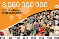Världens folkmängd fortsätter att öka och är nu uppe i 8 miljarder. Ökningstakten har mattats av sedan 1964. FN förutspår att folkmängden kulminerar vid slutet av århundradet eller strax innan för att börja minska efter det.