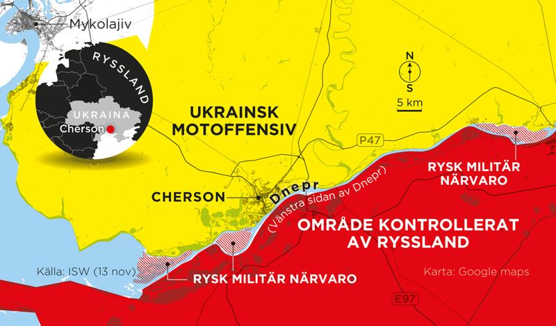 Områden under rysk kontroll och rysk militär närvaro, samt ukrainsk motoffensiv den 13 november.