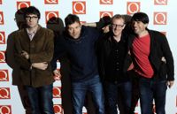 Graham Coxon, Damon Albarn, Dave Rowntree och Alex James i Blur. Arkivbild.