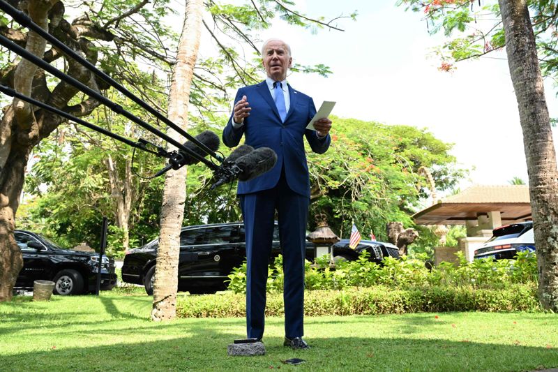 President Joe Biden speaks about the situation in Poland following a meeting with G7 and European leaders on the sidelines of the G20 Summit in Nusa Dua on the Indonesian resort island of Bali on November 16, 2022.