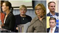 Statsminister Sanna Marin (SDP) och justitieminister Anna-Maja Henriksson (SFP) förespråkar att föra vidare sametingslagen, Annika Saarikko (C) accepterar inte dess form. Till höger Kai Mykkänen (Saml), Ville Tavio (Sannf).