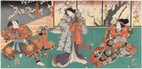 Skådespelarna Nakamura Tomijūrō II, Onoe Baikō och Ichikawa Danjūrō VIII i pjäsen Umeyanagi sakigake soshi (Berättelsen om de tidigt blommande plommonträden och pilarna). Träsnitt av Utagawa Kunisada, 1854.