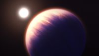 Illustration över exoplaneten Wasp-39b utifrån de data som samlats in via James Webb-teleskopet. Planeten är en het gasjätte nästan lika stor som Saturnus.