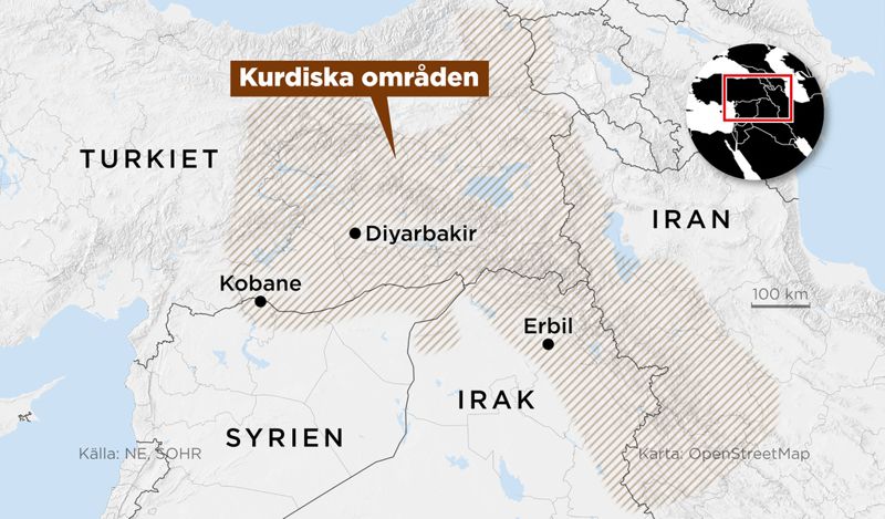 Kartan visar kurdiska områden i Turkiet, Iran, Irak och Syrien.