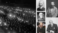 Fennomaner, svekomaner och etnonationalister. Eric von Rettig och Alex Olof Freudenthal kan betraktas som svenska etnonationalister, medan Johan Vilhelm Snellman, Jussi Halla-aho och Urho Kekkonen kan ses som finska etnonationalister. Till vänster: Finska studenters fackeltåg i januari 1935 för förfinskningen av Helsingfors universitet.