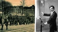 Till vänster: röda fångar efter slaget om Viborg 1918. Till höger: tonsättaren Toivo Kuula som mördades efter en segerfest på societetshuset i samma stad.