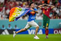 En man med en regnbågsflagga stormade planen under matchen mellan Portugal och Ukraina.