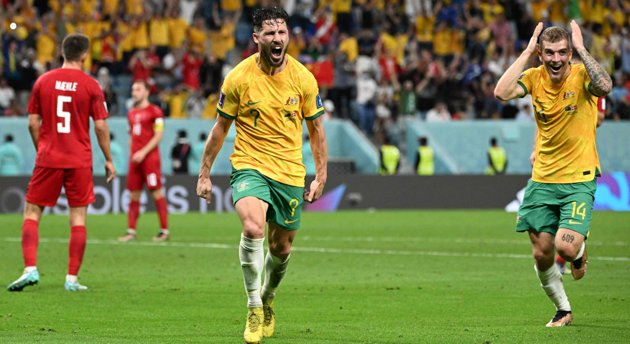 Mathew Leckies matchvinnare mot Danmark bar Australien till åttondelsfinalerna där man möter jättefavoriten Argentina. 