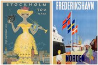 I boken Come to Norden samlas reseaffisch-estetik med texter om nordisk turism. T.v Stockholm 700 år, Curt Blixt, 1953. T.h. Fredrikshavn, okänd konstnär.