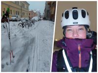 Elina Tonteri cyklar vanligtvis till jobbet även vintertid (därav hjälmen på bilden till höger), men i morse fick cykeln ge vika för skidorna.