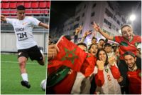 Marockos supportrar firar efter landets seger i fotbollsmatchen mellan Marocko och Portugal i fotbolls-VM. Till vänster finsk-marockanska Karim Jmaali på VJS:s hemmaarena i Vanda.