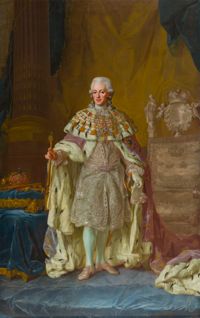 Glad kung. Gustav III, i yster prakt, målad 1783 av Lorenz Pasch den yngre.