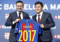 Ordförnade för FC Barcelona Josep Maria Bartomeu och Rakutens grundare Hiroshi Mikitani