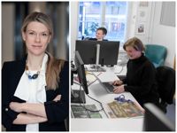 Erja Yläjärvi gläds över att kunna offentliggöra positiva läsarsiffror för HBL:s del. Till höger nyhetschef Tobias Pettersson och reporter Jeanette Björkqvist.