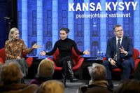 Samlingspartiets Petteri Orpo (till höger) utesluter inte ett regeringssamarbete med Sannfinländarna och Riikka Purra (till vänster). SDP:s Sanna Marin kan inte se sitt parti i samma regering som Sannfinländarna. Samma besked har De Grönas Maria Ohisalo och Vänsterförbundets Li Andersson kommit med, medan SFP:s Anna-Maja Henriksson ser det som osannolikt. Bilden är tagen 10.1.2023 vid Ilta-Sanomats partiledardebatt.