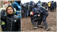 Greta Thunberg deltog i demonstrationerna och blev bortburen av polisen, enligt tyska medier. På bilden till höger griper polisen en demonstrant som protesterar mot utvidgningen av kolgruvan intill byn Lützerath. Tiotals poliser och demonstranter skadade sig under sammandrabbningarna i helgen.