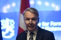 Utrikesminister Pekka Haavisto på pressträffen med sin danske kollega Lars Løkke Rasmussen.
