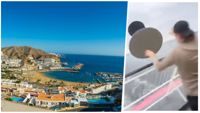Vy över Gran Canaria till vänster. Till höger flyger möbler överbord från Baltic Princess under incidenten i december, som rederiet sedan polisanmälde.