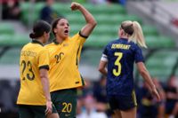 Australiens stora stjärna Sam Kerr firar efter att ha gjort mål i vänskapsmatchen mot Sverige i Melbourne i november förra året som "The Matildas" vann med 4–0. 