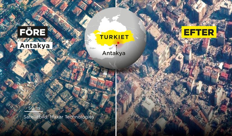 Satellitbilder i montage, som visar ett område i staden Antakya i Turkiet.