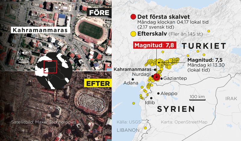Det första skalvet inträffade klockan 04.17 lokal tid, natten till måndag. Det hade en magnitud som uppmättes till 7,7 eller 7,8. Staden Mersin där Asli Özcan bor är cirka 60 kilometer väster om Adana som syns på kartan.