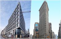 Till vänster det nya vassa huset i Helsingfors. Till höger amerikanska Flatiron, som ser ut som ett strykjärn.