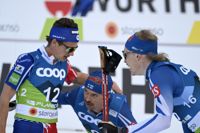 Frankrikes Clement Parisse, Perttu Hyvärinen och Iivo Niskanen efter skiathlon.