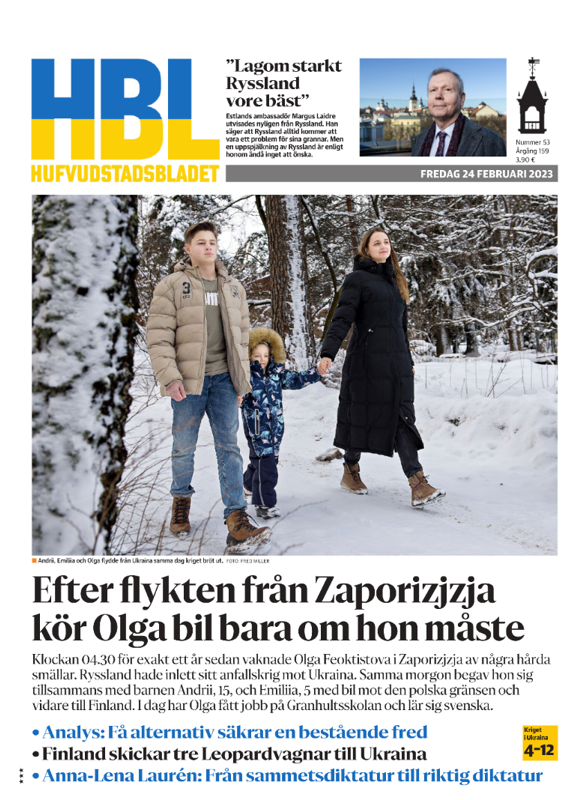 Skärmdump av HBL:s förstasida 24 februari 2023.