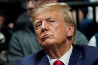 USA:s förre president Donald Trump under en brottningsmatch i Tulsa i Oklahoma i lördags.