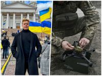Finlandssvenska Kasper Kannosto har så gott som dagligen kontakt med de finländska frivilligsoldaterna i Ukraina. Till höger fäster en ukrainsk soldat en granat i en drönare.