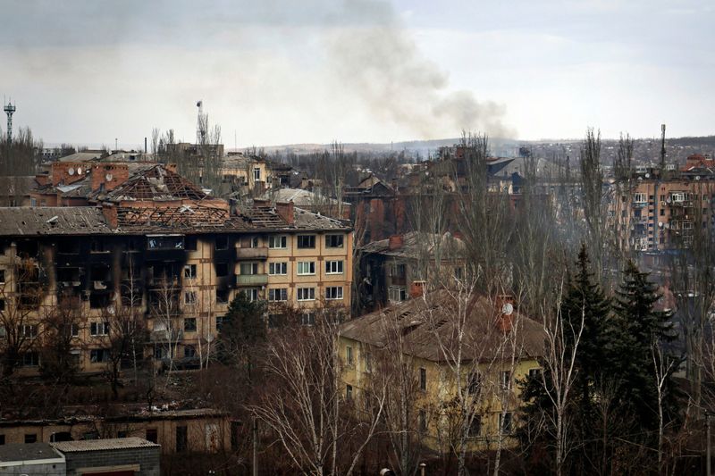Den krigshärjade ukrainska staden Bachmut, fotograferad den 15 mars.