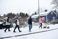 Socialdemokrater värvade väljare genom att knacka dörr i Sockenbacka. Längst fram går Peter Saramo med sina två taxar. Antti Rinne och Dimitri Qvintus följer efter.