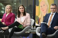 De grönas partiledare Maria Ohisalo var först ut med att markera avstånd till Sannfinländarna, men hamnade snabbt själv i bakgrunden då vänsterpartierna inte var sena att haka på. Fr.v. Riikka Purra, Sanna Marin och Petteri Orpo.