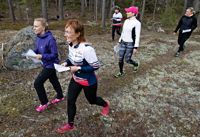 Sibbo-Venlorna tränade i Gumbostrandskogarna förra veckan. Från vänster Maria Liljelund, Helena Rönnholm, Johanna Peltonen och Barbro Björk-Sinisalo, i bakgrunden deras coach Rita Wickholm.
