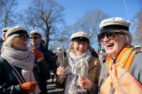 Leena Wolontis, Sari Latvalahti och Anna-Maria Wiljanen höjer en glad skål. Wiljanen har kommit så gott som direkt från Tokyo till Kajsaniemiparken.