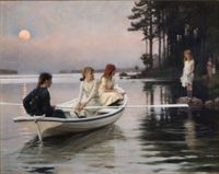 Albert Edelfelts Sommarkväll från 1883. Verken på utställningen i ateljén är älskade målningar som skildrar skärgårdsliv och dess invånare samt konstnärens familj. Många av dessa målningar belönades på salongerna i Paris och finns idag i museer och betydande konstsamlingar runt om i världen.