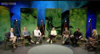 Joachim Thibblin, Marit af Björkesten, Juha Itkonen, Erja Yläjärvi, Rosa Meriläinen och Jussi Sorjanen diskuterade kulturens roll i samhällsdebatten tillsammans med Eva Kel på Svenska teaterns sista Scenmåndag för våren.